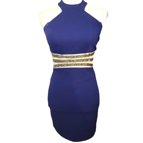 Navy Blue Halter Bodycon Dress with Mesh and Rhinestone Waist Detail - Picture 1 of 4